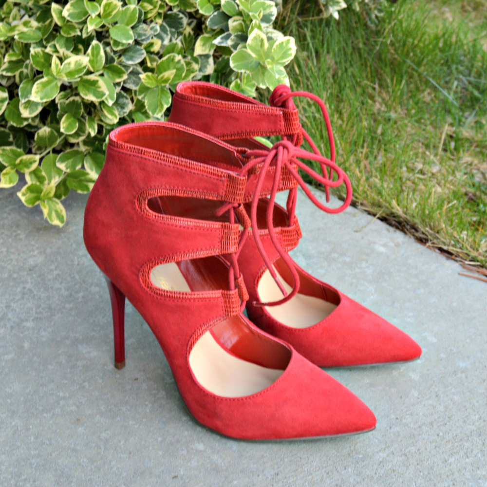 Shoedazzle Party Dress Pointed Toe Lace Up Cut Out Red Booties Stiletto Heels - Picture 3 of 7